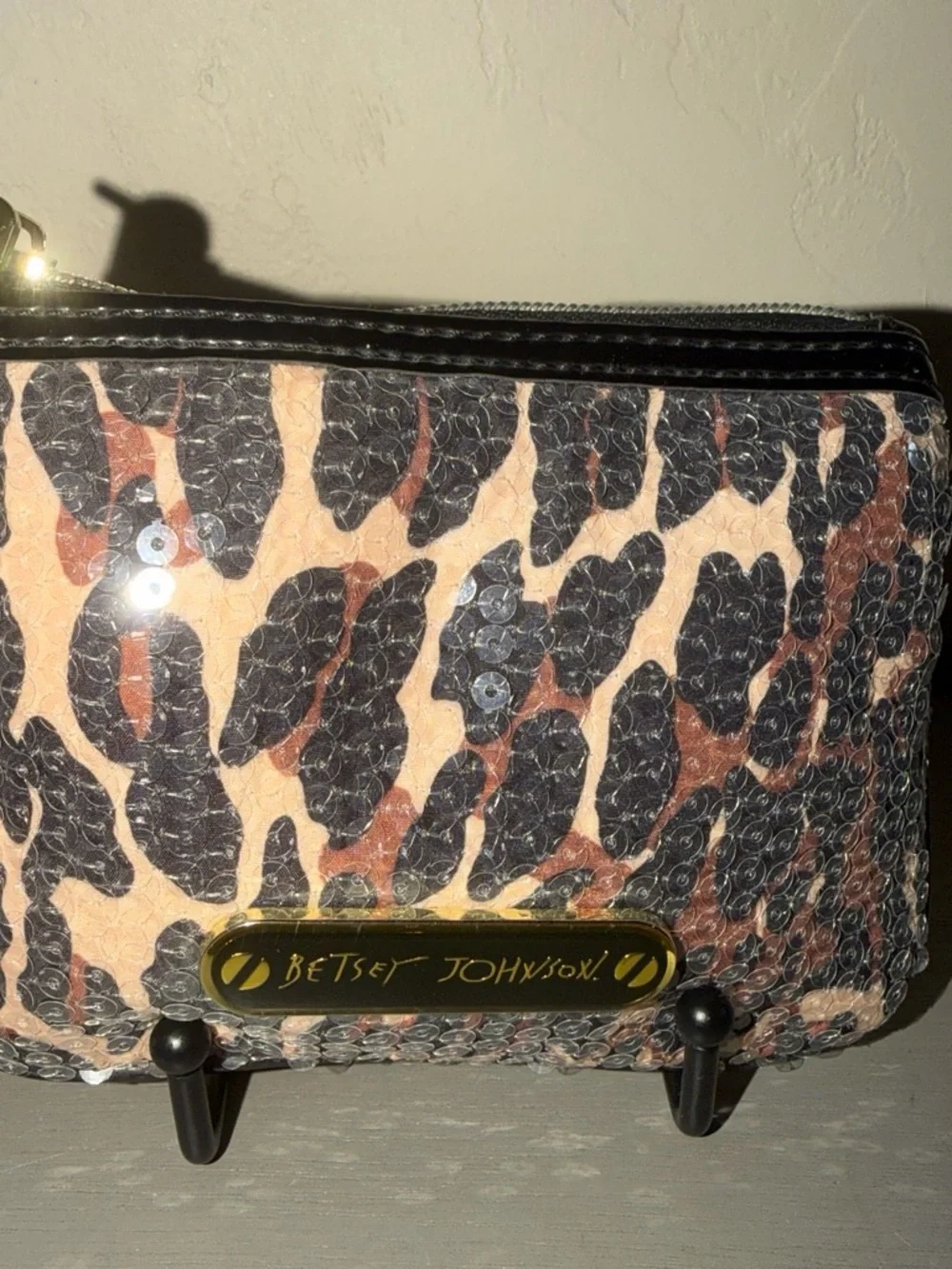 Betsey Johnson Sequined Leopard Print Clutch in Pink, Black & Brown